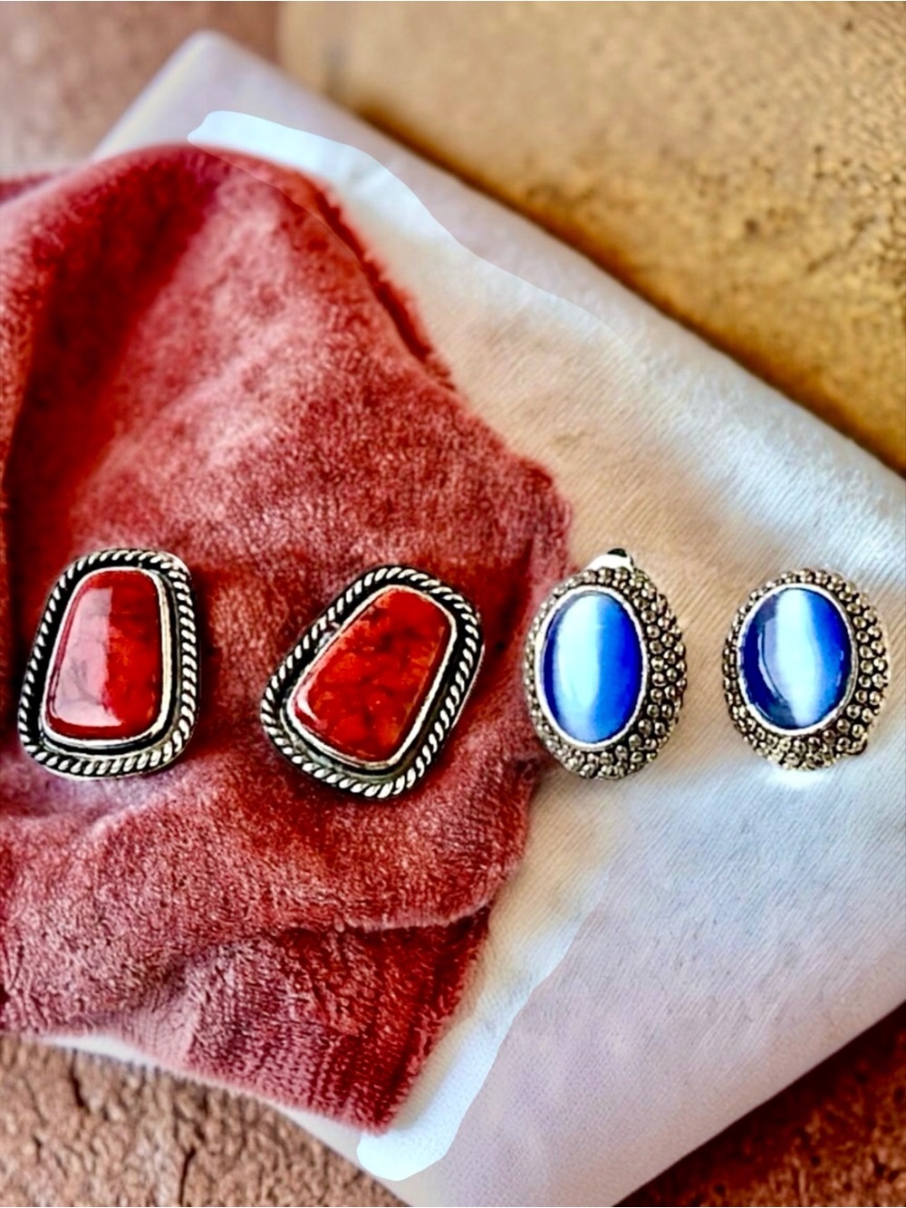 Vintage Earrings Silvertone and Faux Gemstones Screwback + Clip On 2 pairs